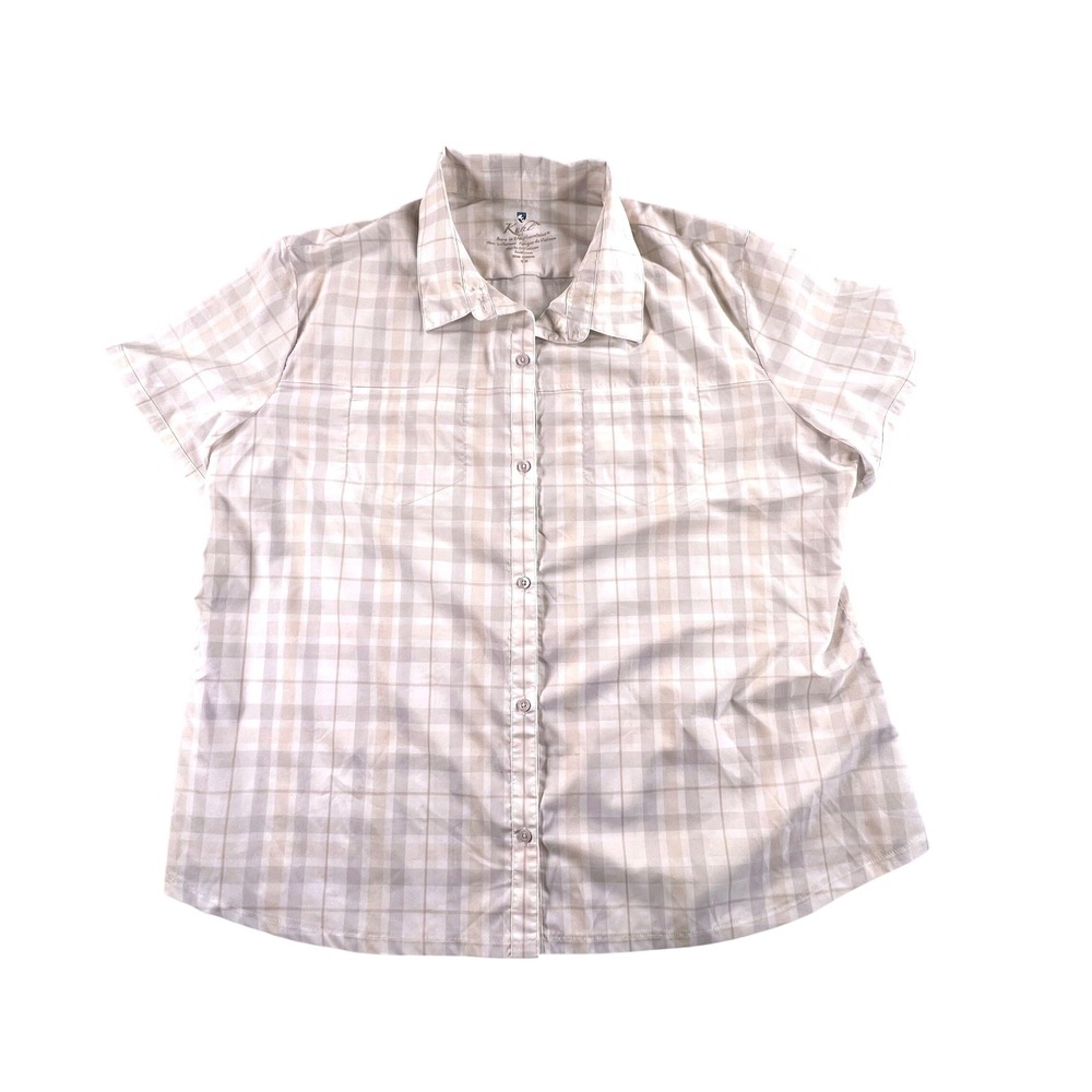 Kuhl Womens Short Sleeve Plaid Button Down Hiking Shirt Beige Tan Size Large